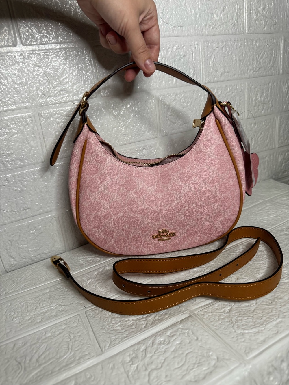 Coach Pink Crescent Shoulder Bag with Tan Trim